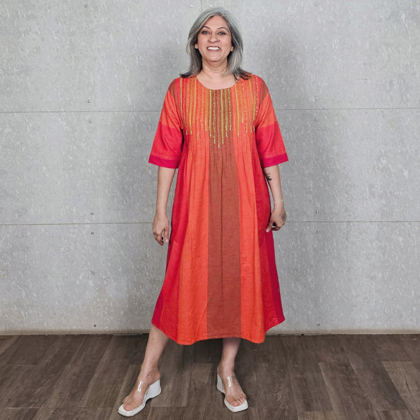 Aarohi Pintucked Dress - Red Orange