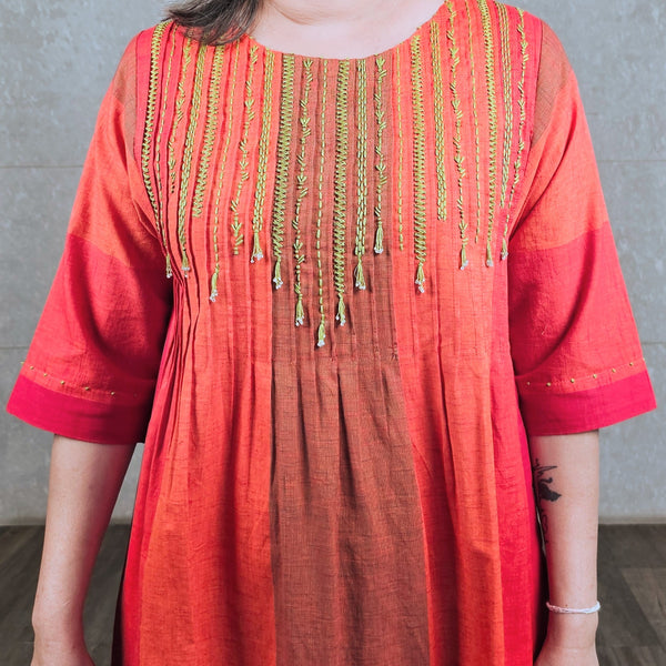 Aarohi Pintucked Dress - Red Orange
