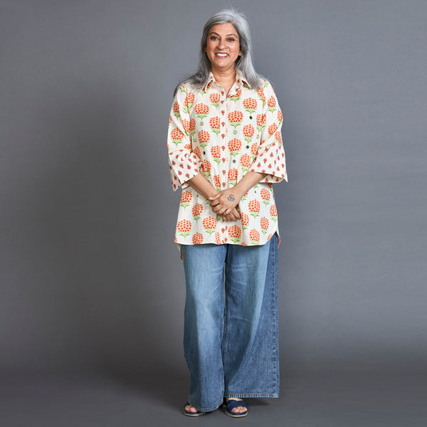 SVARA Block Printed shirt - Orange Ivory
