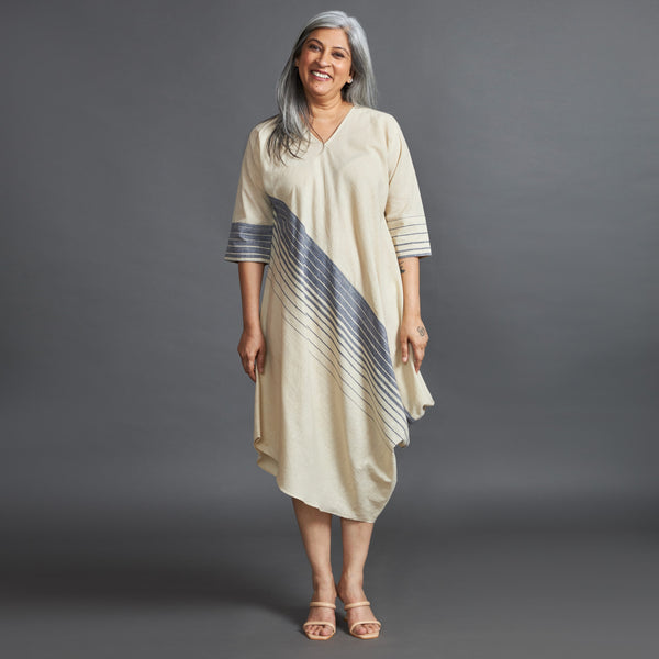TASHI Cowl Dress - Ecru Grey Stripe