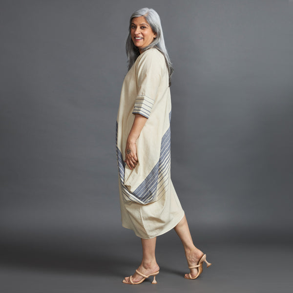 TASHI Cowl Dress - Ecru Grey Stripe