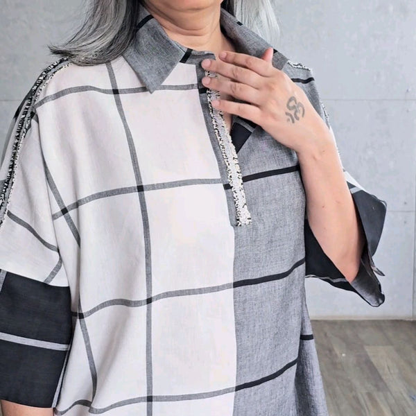 Yoko Oversize Shirt - Ivory & Grey