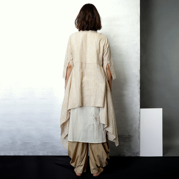 Contemporary Sustainable Fashion from Indian designer wear label O Layla. Ameya  jacket is an Aymmetric 3 piece set. Handloom textiles.