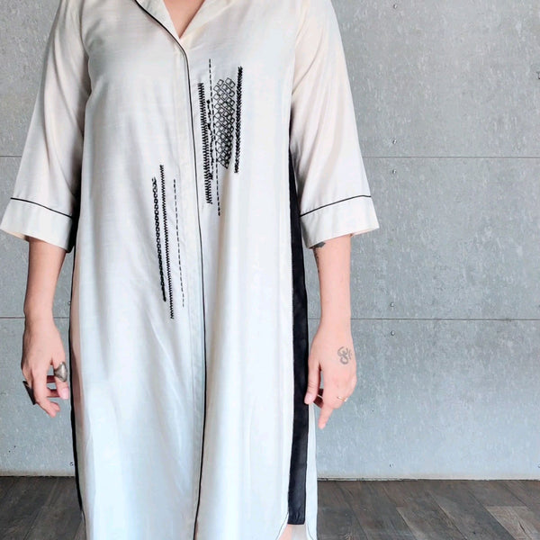 Netra Shirt Dress - Ivory and Black Silk
