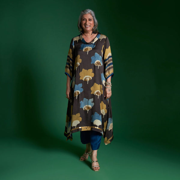 AVIRA Cowl Neck Tunic Set - Ajrakh print Brown