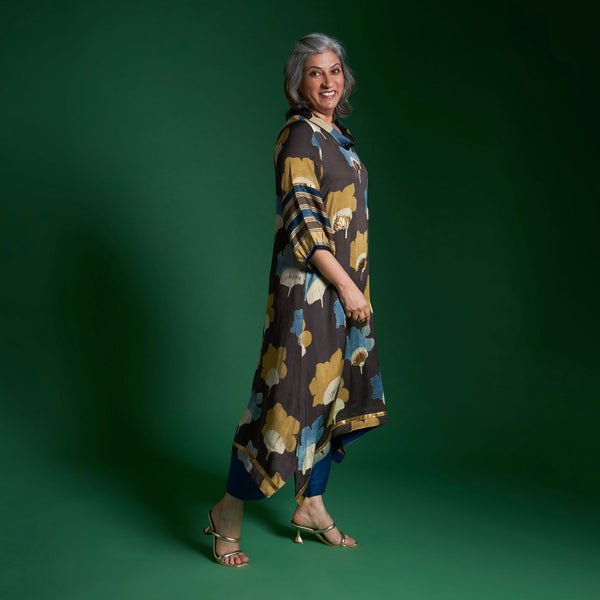 AVIRA Cowl Neck Tunic Set - Ajrakh print Brown
