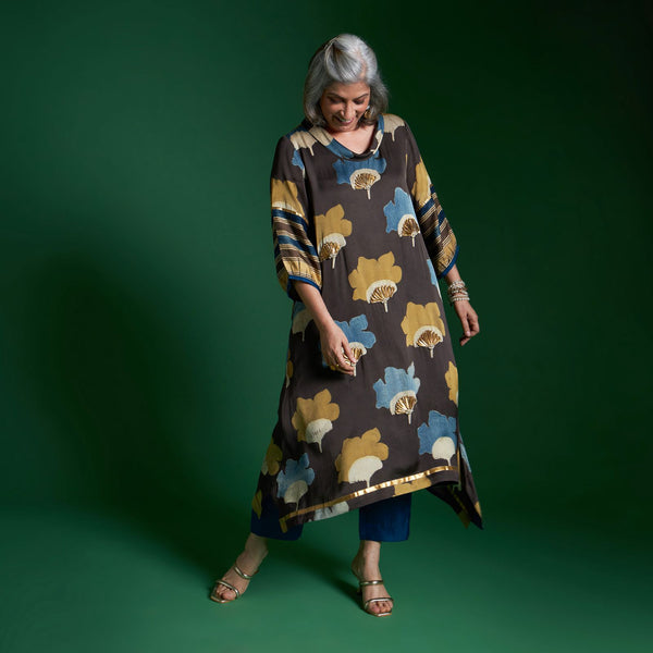 AVIRA Cowl Neck Tunic Set - Ajrakh print Brown