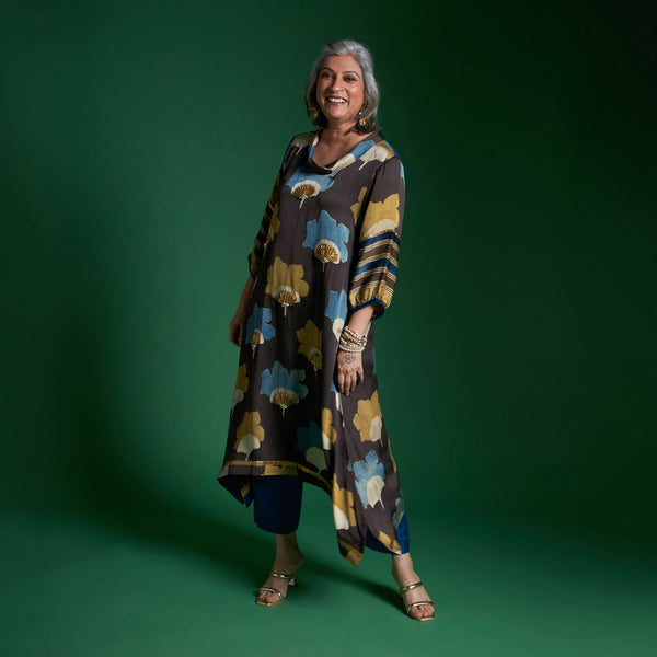AVIRA Cowl Neck Tunic Set - Ajrakh print Brown