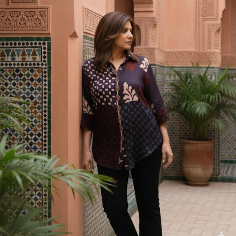 SHIREEN Shirt - BURGUNDY Ajrakh Modal Satin (SOLD OUT)