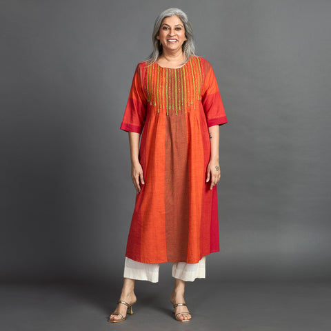 AAROHI Pintucked Tunic - Red Orange (SALE)