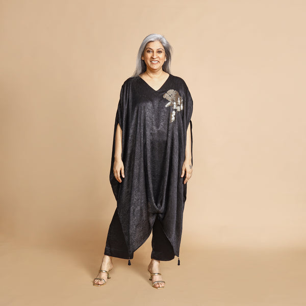 ANANTA Kaftan Set - Black Crushed Silk