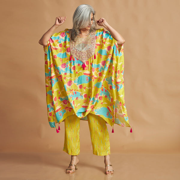 ANANTA Kaftan Set - Lime Green Abstract Print