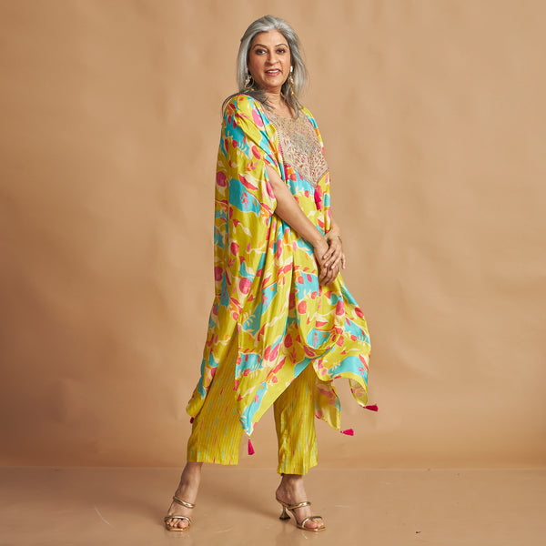 ANANTA Kaftan Set - Lime Green Abstract Print