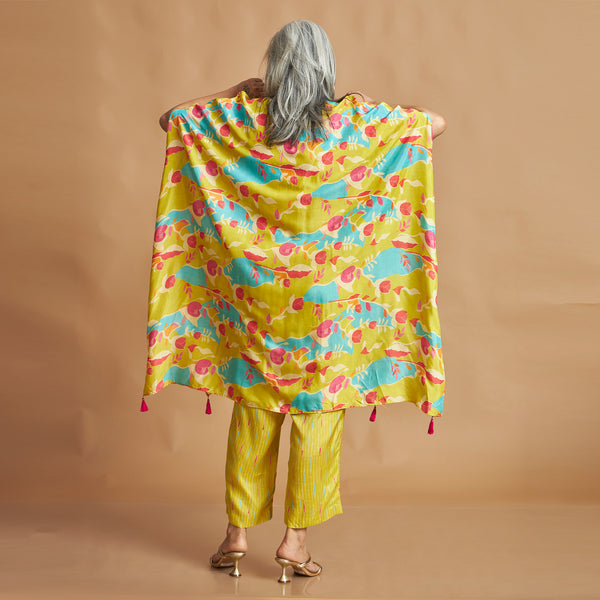 ANANTA Kaftan Set - Lime Green Abstract Print