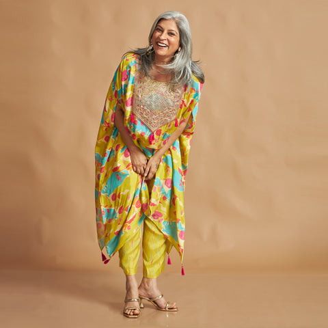 ANANTA Kaftan Set - Lime Green Abstract Print