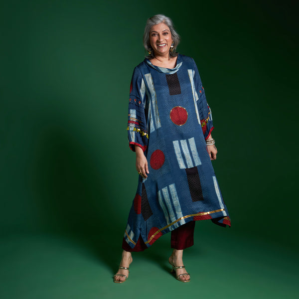 AVIRA Cowl Neck Tunic Set - Blue Ajrakh Modal Satin with Embroidered Sleeve