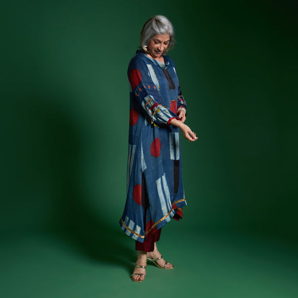 AVIRA Cowl Neck Tunic Set - Blue Ajrakh Modal Satin with Embroidered Sleeve
