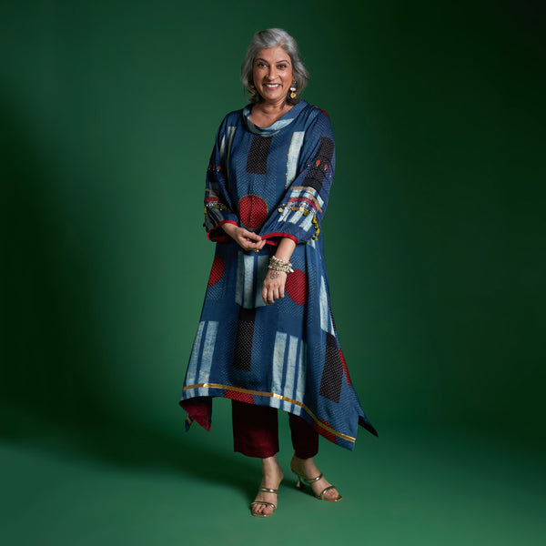 AVIRA Cowl Neck Tunic Set - Blue Ajrakh Modal Satin with Embroidered Sleeve