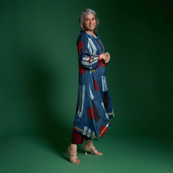 AVIRA Cowl Neck Tunic Set - Blue Ajrakh Modal Satin with Embroidered Sleeve
