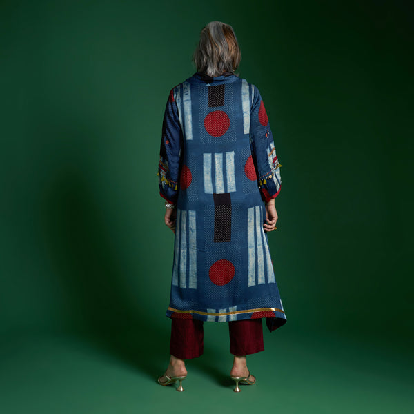 AVIRA Cowl Neck Tunic Set - Blue Ajrakh Modal Satin with Embroidered Sleeve