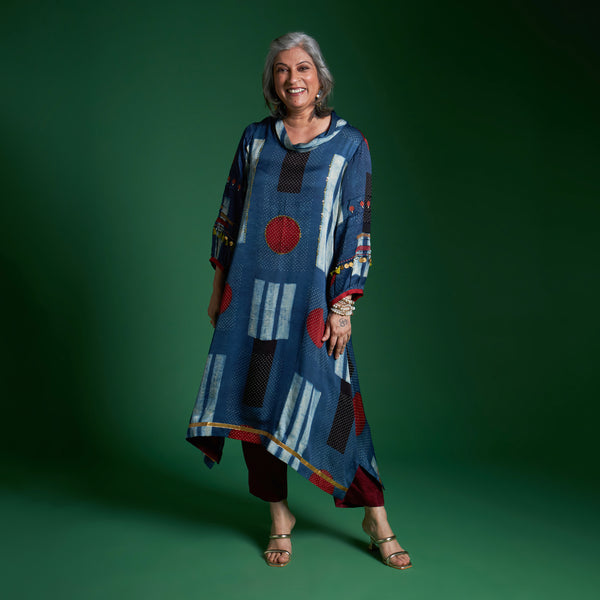 AVIRA Cowl Neck Tunic Set - Blue Ajrakh Modal Satin with Embroidered Sleeve