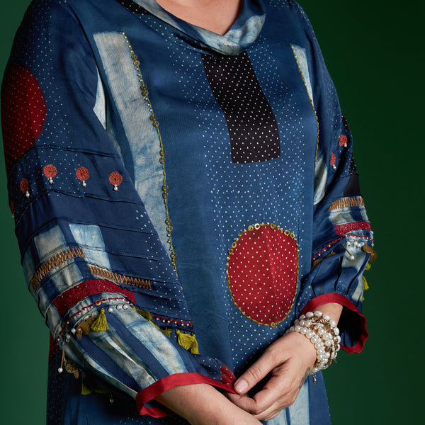 AVIRA Cowl Neck Tunic Set - Blue Ajrakh Modal Satin with Embroidered Sleeve