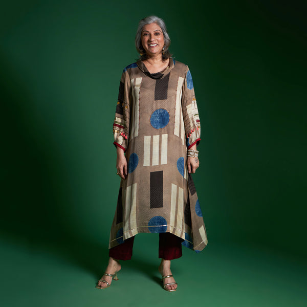 AVIRA Cowl Neck Tunic Set - Fawn Ajrakh Modal Satin with Embroidered Sleeve