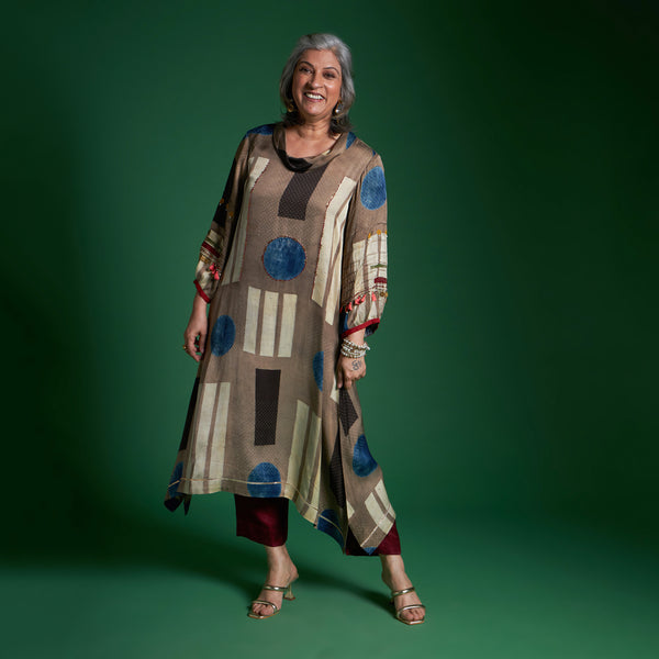 AVIRA Cowl Neck Tunic Set - Fawn Ajrakh Modal Satin with Embroidered Sleeve