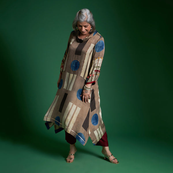 AVIRA Cowl Neck Tunic Set - Fawn Ajrakh Modal Satin with Embroidered Sleeve