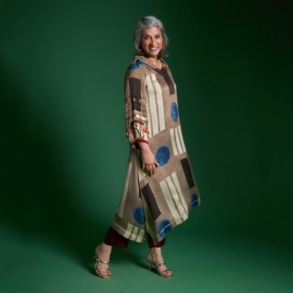 AVIRA Cowl Neck Tunic Set - Fawn Ajrakh Modal Satin with Embroidered Sleeve