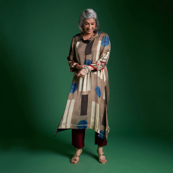 AVIRA Cowl Neck Tunic Set - Fawn Ajrakh Modal Satin with Embroidered Sleeve