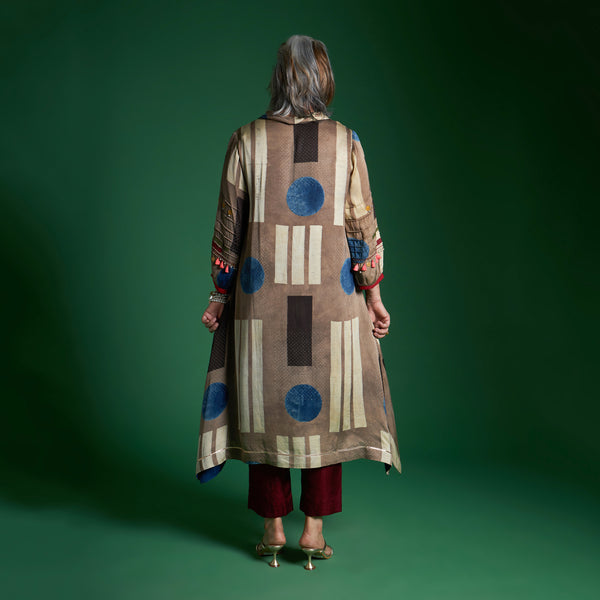 AVIRA Cowl Neck Tunic Set - Fawn Ajrakh Modal Satin with Embroidered Sleeve