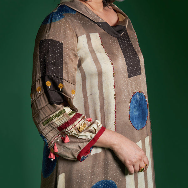 AVIRA Cowl Neck Tunic Set - Fawn Ajrakh Modal Satin with Embroidered Sleeve