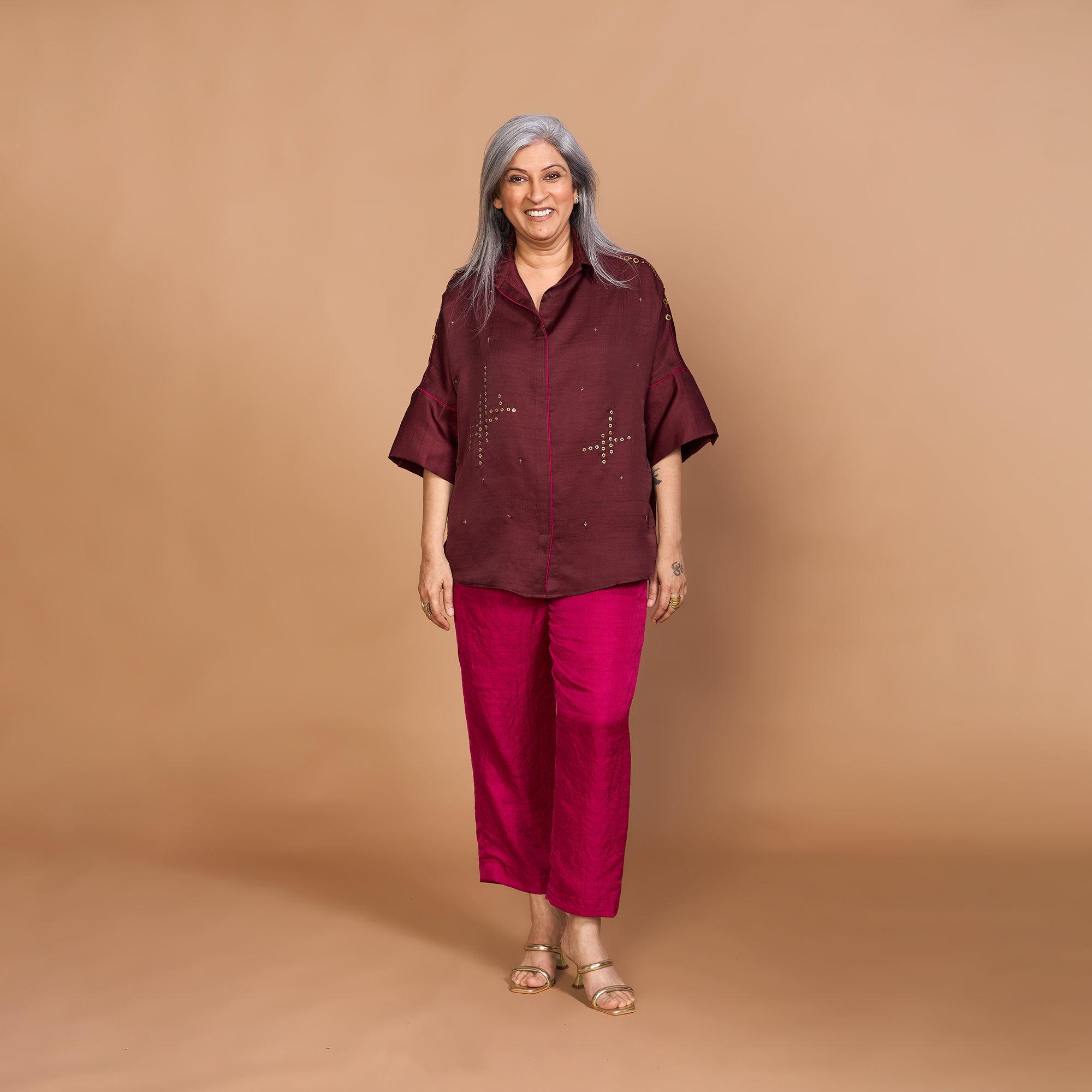 GIN Shirt Co-Ord Set - Burgundy Magenta