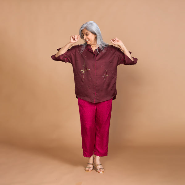 GIN Shirt Co-Ord Set - Burgundy Magenta