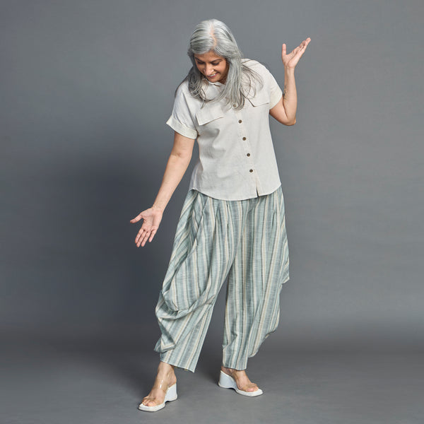 GORO Pants -Blue green Linen stripes