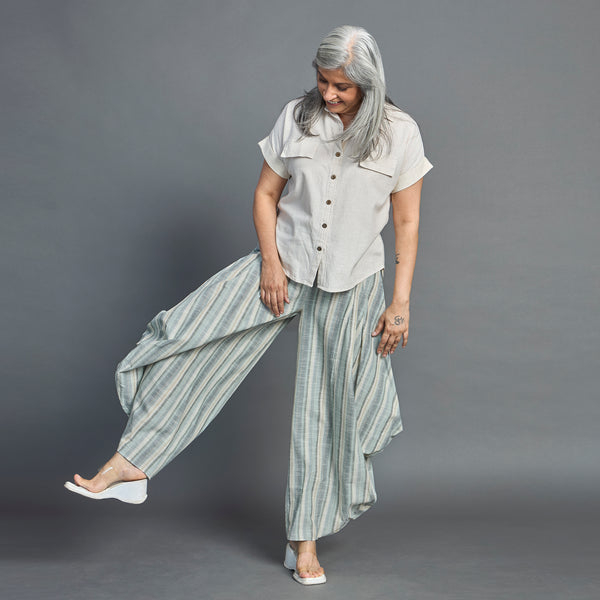 GORO Pants -Blue green Linen stripes