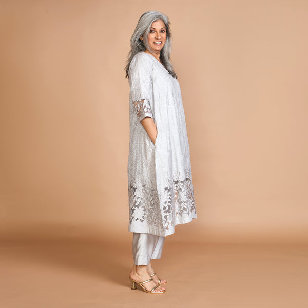 IRA A-Line Kurta Set - Grey Cutwork
