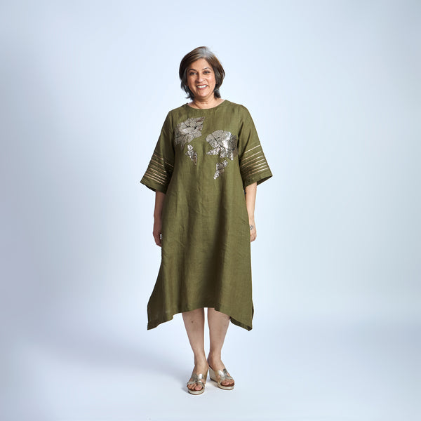 IRA Dress with Sequin embroidery- Antique Olive