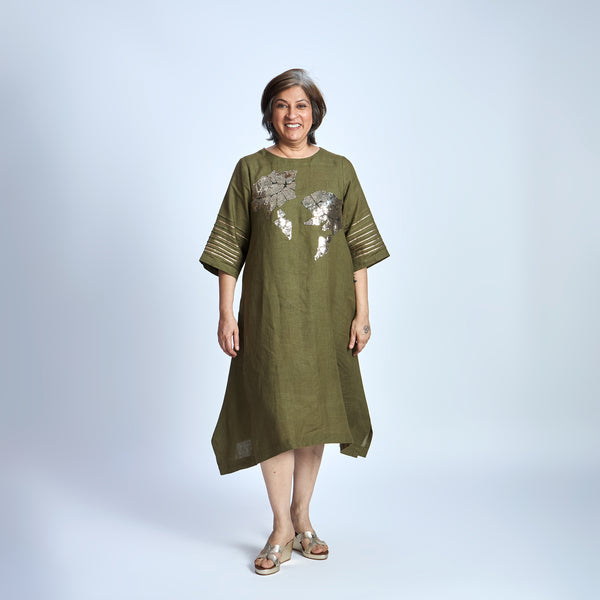 IRA Dress with Sequin embroidery- Antique Olive