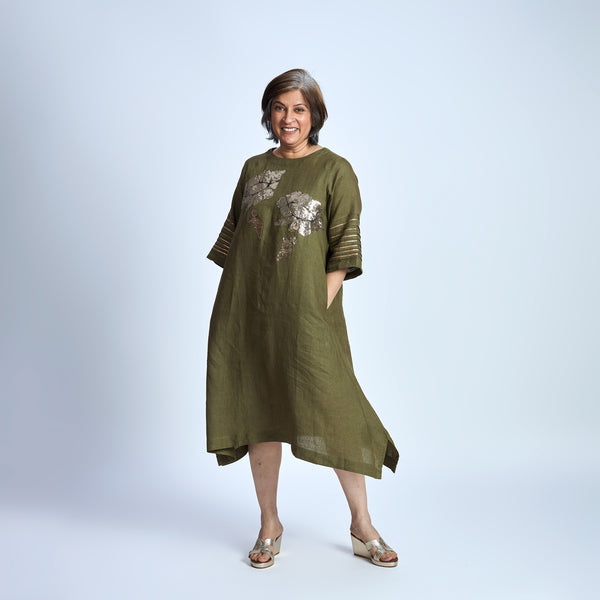 IRA Dress with Sequin embroidery- Antique Olive