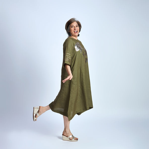 IRA Dress with Sequin embroidery- Antique Olive