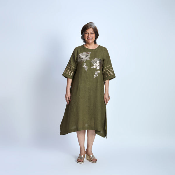 IRA Dress with Sequin embroidery- Antique Olive