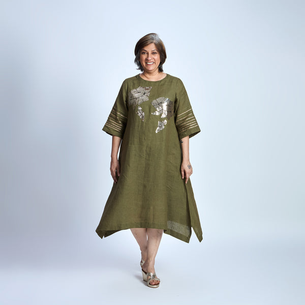 IRA Dress with Sequin embroidery- Antique Olive
