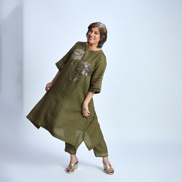 IRA Set with Sequin embroidery- Antique Olive