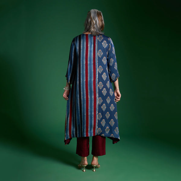 IRA Tunic 3 Piece Set - Blue Ajrakh Modal Satin with Red Dupatta