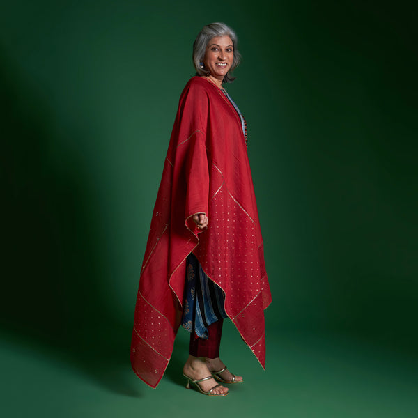 IRA Tunic 3 Piece Set - Blue Ajrakh Modal Satin with Red Dupatta