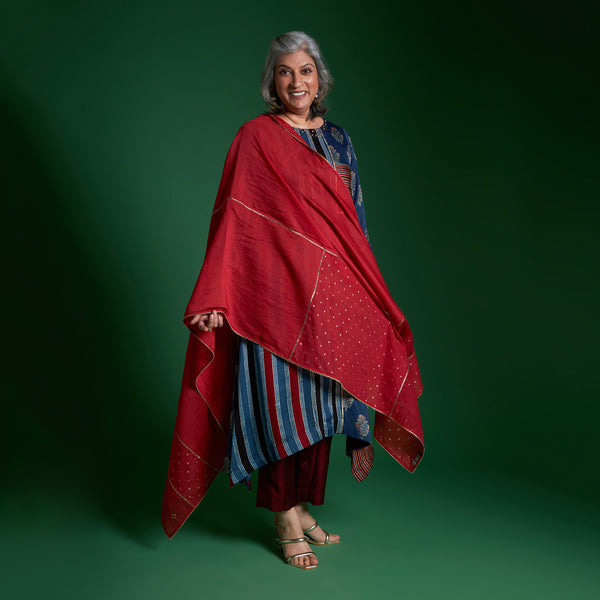 IRA Tunic 3 Piece Set - Blue Ajrakh Modal Satin with Red Dupatta