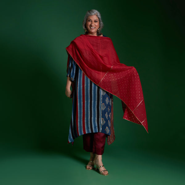 IRA Tunic 3 Piece Set - Blue Ajrakh Modal Satin with Red Dupatta