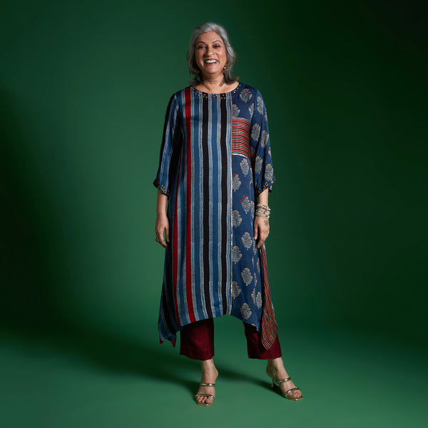IRA Tunic 3 Piece Set - Blue Ajrakh Modal Satin with Red Dupatta
